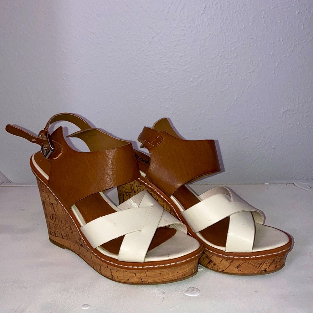 Tan and white leather and cork wedges